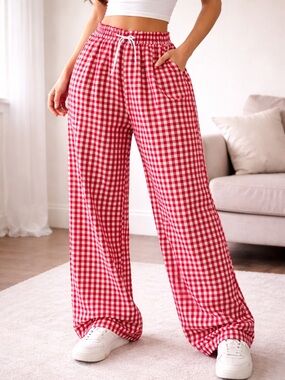 Vintage 2000 New Season Gingham Pants Red White Check Elastic Waist Wide Leg